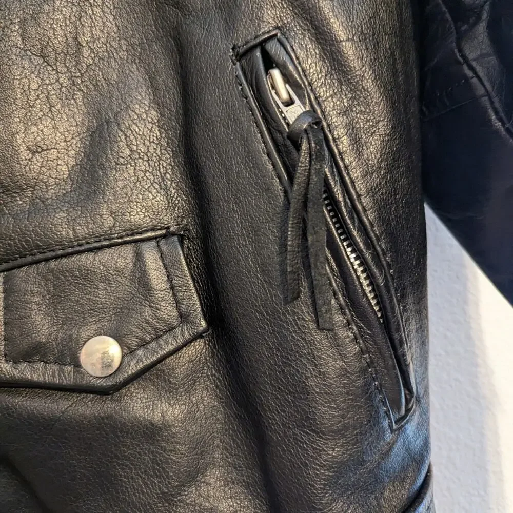Leather King Black Cropped Patched Leather Moto Biker Jacket Size XXXL